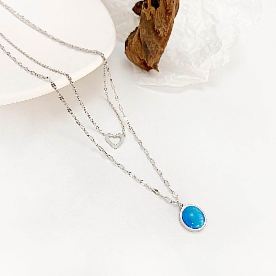 Multilayer Blue Gem Heart Necklace