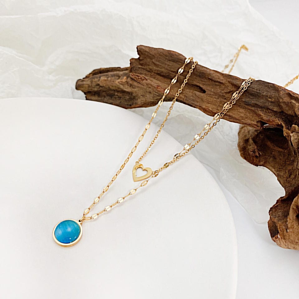 Multilayer Blue Gem Heart Necklace